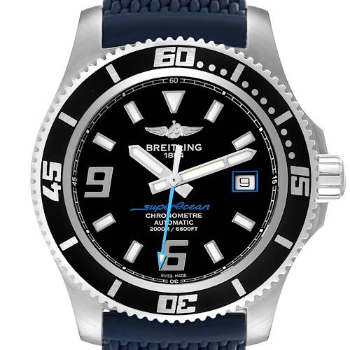 The Breitling Superocean watch is shown from a frontal angle, displaying the dial, bezel, strap, and crown.