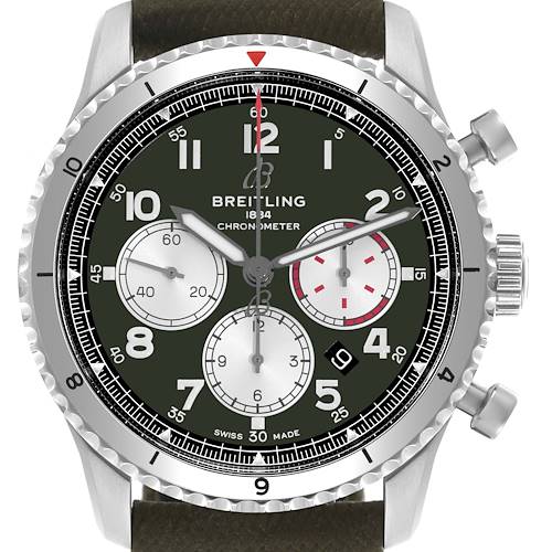 The Breitling Aviator watch is shown from a front angle, displaying the dial, chronograph subdials, bezel, and pushers.