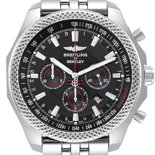 The Breitling Bentley watch is shown from a top view, featuring the dial, bezel, chronograph, and part of the bracelet.