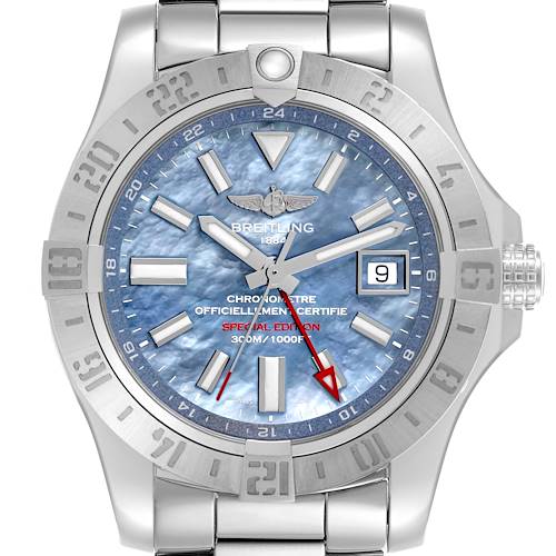 The Breitling Avenger watch is shown from the front, highlighting its dial, bezel, crown, and bracelet.