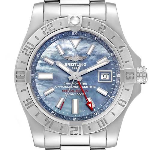 The Breitling Avenger watch is shown front-facing, highlighting the dial, bezel, and bracelet.