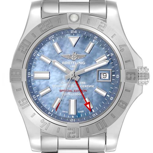 The image shows a front view of a Breitling Avenger watch with a blue dial, date window, and stainless steel bezel and bracelet.