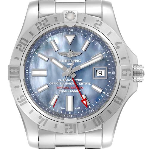 The Breitling Avenger watch is shown from a front angle, displaying its face, bezel, and part of the bracelet.