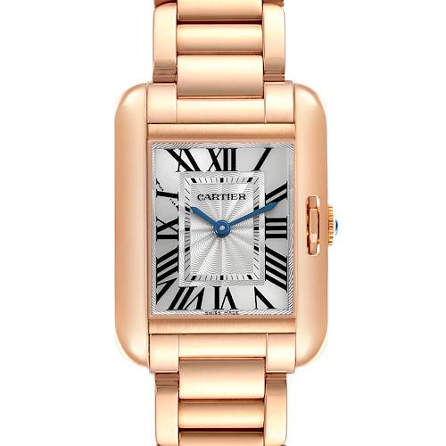 The Cartier Tank Anglaise watch is shown from the front, displaying the face, Roman numerals, case, and part of the bracelet.