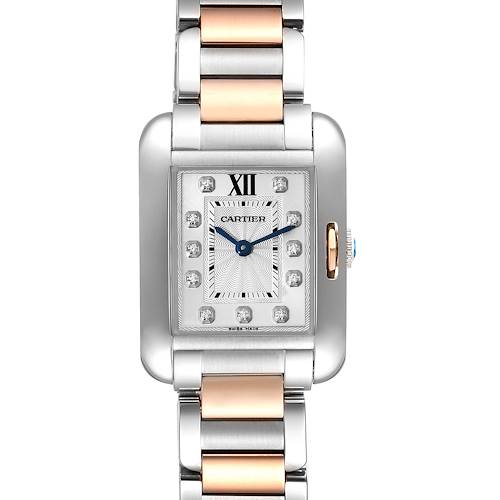 This image shows a Cartier Tank Anglaise watch from the front, highlighting its rectangular dial and dual-tone metal bracelet.