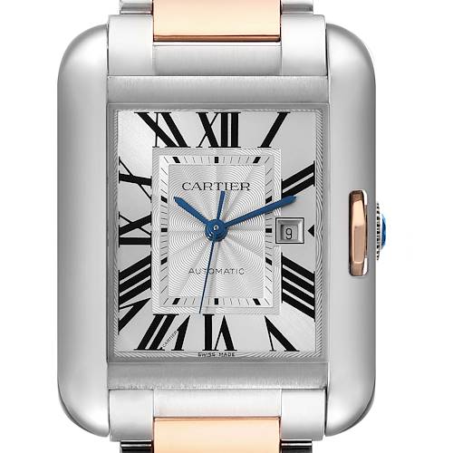 This image shows a frontal view of the Cartier Tank Anglaise watch with its face, dial, and part of the bracelet visible.