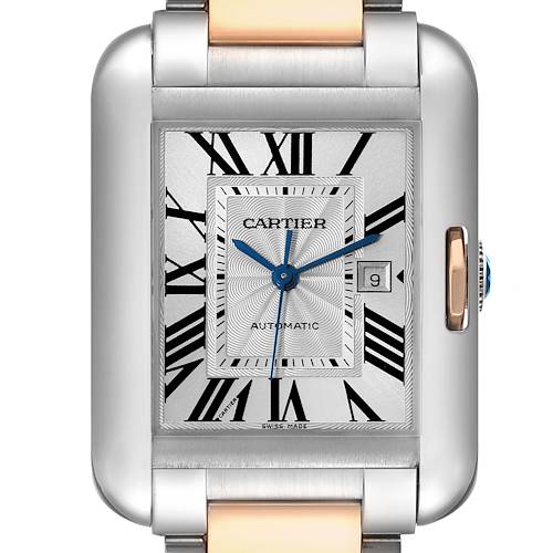 The image shows a close-up of the face and part of the bracelet of a Cartier Tank Anglaise watch.