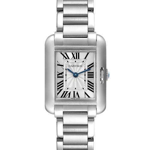 The Cartier Tank Anglaise watch is shown from a front angle, displaying its rectangular face, Roman numerals, and metal bracelet.