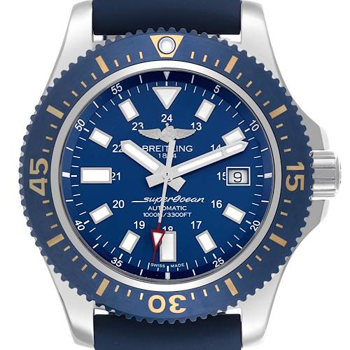 The Breitling Superocean watch is shown from a frontal angle, displaying the face, bezel, hands, and crown clearly.