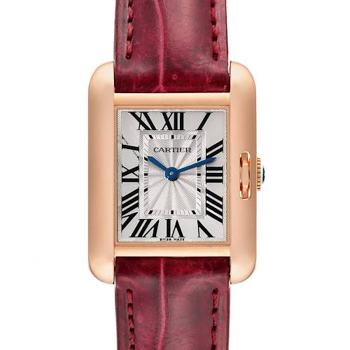 The image shows a frontal view of the Cartier Tank Anglaise watch, highlighting its watch face, Roman numerals, and red leather strap.