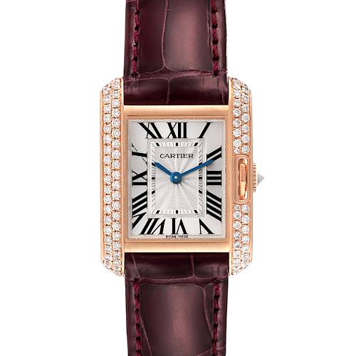 The image shows a front view of the Cartier Tank Anglaise watch, highlighting its dial, leather strap, and diamond-set case.