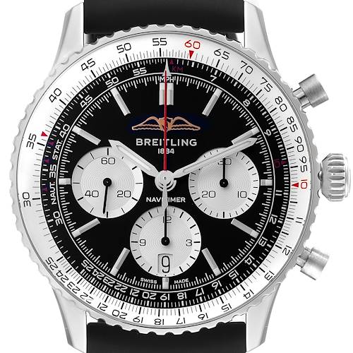 The Breitling Navitimer watch is shown from a front angle, displaying its face, bezel, and dial details.