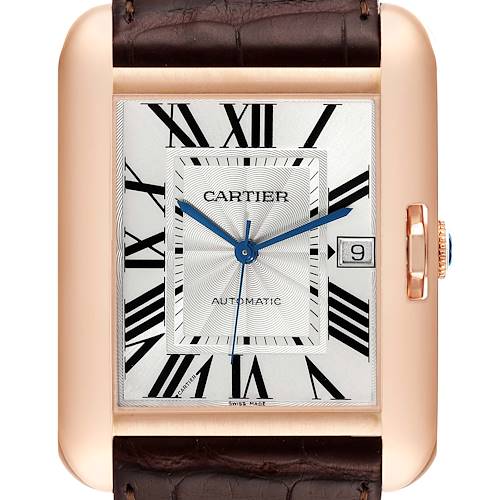 The image shows a front view of the Cartier Tank Anglaise watch, highlighting its square face, Roman numerals, blue hands, and date window.