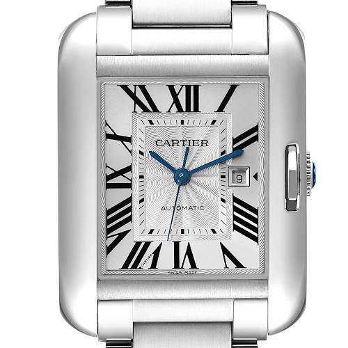 This image shows a close-up of a Cartier Tank Anglaise watch face, featuring blue hands, Roman numerals, and a date window.