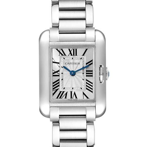 The image shows a front view of the Cartier Tank Anglaise watch, highlighting its rectangular dial and metal bracelet.