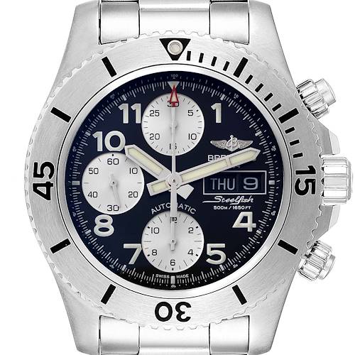 The watch is a Breitling Superocean model shown from the front, displaying the face, bezel, crown, and pushers.