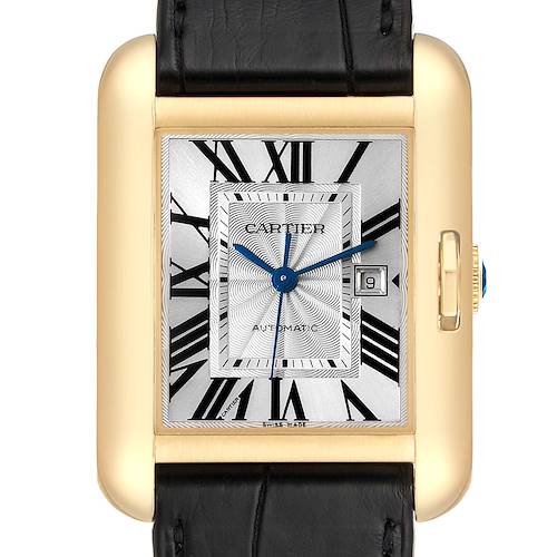 This image shows a front view of the Cartier Tank Anglaise watch, featuring its rectangular dial and black leather strap.