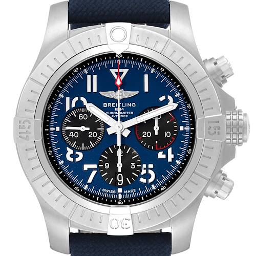 The image shows a front view of a Breitling Avenger watch, featuring its blue dial, subdials, luminous hands, and bezel detailing.