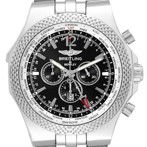 This image shows a frontal view of the Breitling Bentley watch, displaying its face, dials, and part of the stainless steel bracelet.