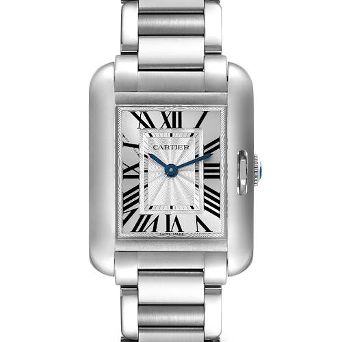 The image shows a front view of a Cartier Tank Anglaise watch, displaying its rectangular face and stainless steel bracelet.