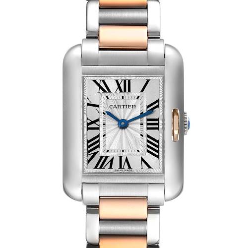 This image shows a front view of the Cartier Tank Anglaise watch, highlighting its rectangular dial and two-tone metal bracelet.