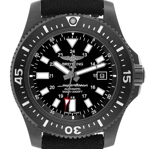 The image shows a front view of the Breitling Superocean watch, highlighting its black dial, bezel, and case.