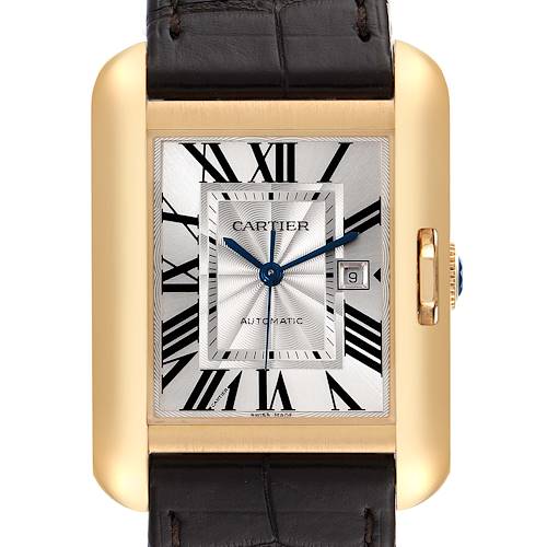 Front view of the Cartier Tank Anglaise watch showing the face, Roman numerals, date window, and black leather strap.