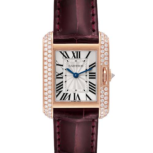 This image shows a frontal view of the Cartier Tank Anglaise watch, featuring a rectangular dial, leather strap, and diamond accents.