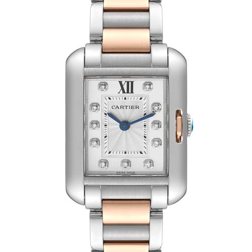 This image shows a front view of a Cartier Tank Anglaise watch, highlighting its silver and rose gold bracelet and rectangular face.