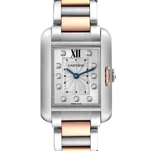 This is a front view of the Cartier Tank Anglaise watch, showing the face, case, and part of the metal bracelet.