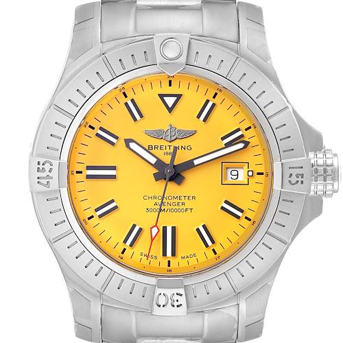 The image shows a front view of a Breitling Avenger watch with a yellow dial and metal bracelet.