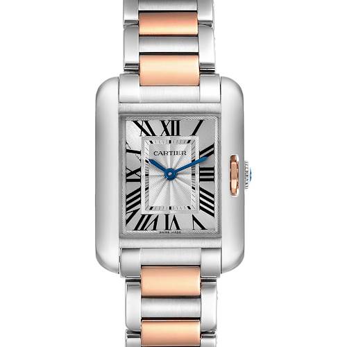 This image shows a front view of a Cartier Tank Anglaise watch featuring a rectangular dial with Roman numerals and a two-tone metal bracelet.