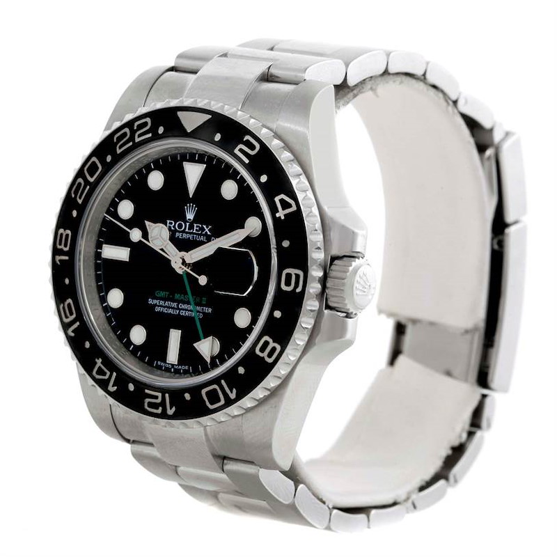 The Rolex GMT-Master watch is shown at a slight left-side angle, highlighting the bezel, face, and bracelet.