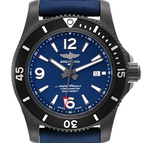 The image shows a front view of the Breitling Superocean watch, highlighting its blue dial, bezel, and rubber strap.