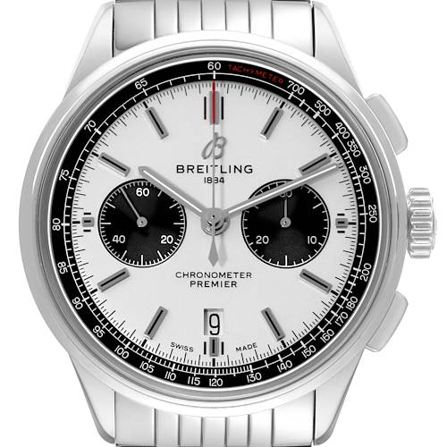 The Breitling Premier watch is shown from a front angle, displaying its dial, subdials, tachymeter, hands, and part of the bracelet.