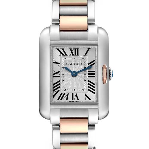 The Tank Anglaise by Cartier is shown from a front angle, highlighting its rectangular dial and metal bracelet.