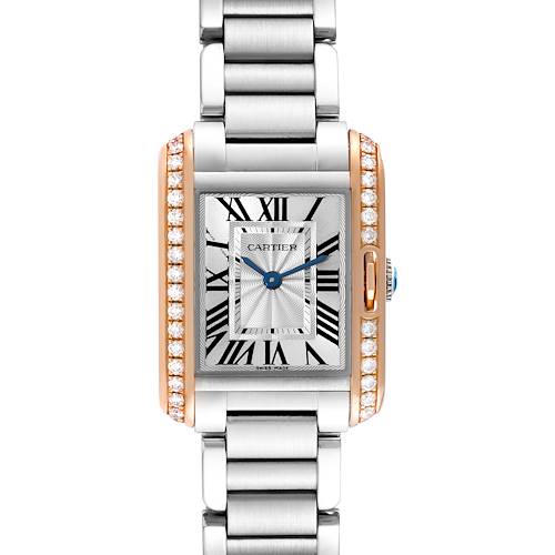 The image shows a front view of a Cartier Tank Anglaise watch, highlighting its face, bracelet, and diamond accents.