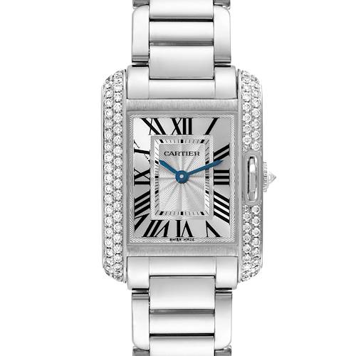 The image displays a front view of the Cartier Tank Anglaise watch, showcasing its rectangular face, Roman numerals, and bracelet.