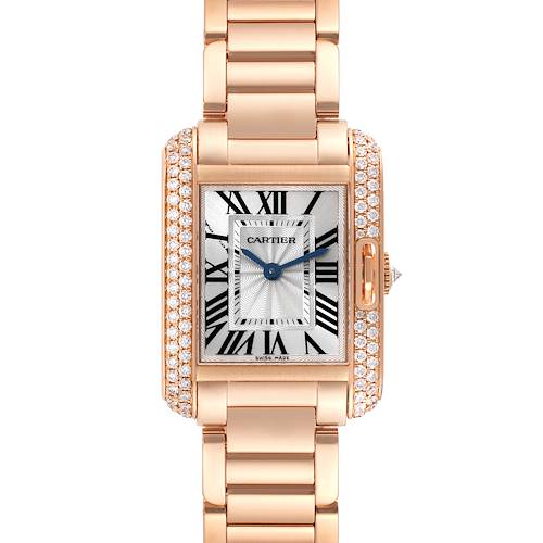 This image shows a front view of the Cartier Tank Anglaise watch, highlighting the face, bracelet, and diamond accents.