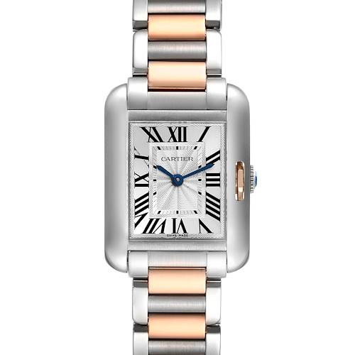 The image shows a front view of the Cartier Tank Anglaise watch, highlighting its rectangular face and metal bracelet.