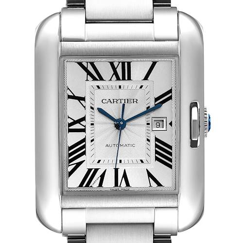 This image is a front-facing view of the Cartier Tank Anglaise watch, showing the face, Roman numerals, date window, and part of the bracelet.