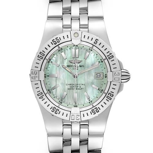 The image shows a top-down view of the Breitling Starliner Green Mother of Pearl Dial Steel Ladies Watch A71340 model.