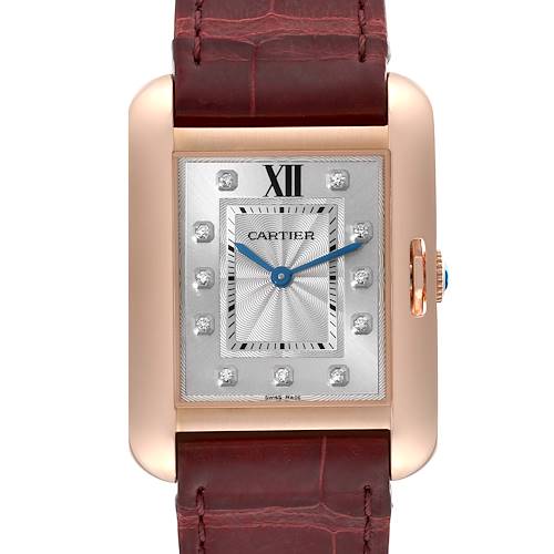 The image shows a front view of the Cartier Tank Anglaise watch with its face and leather strap clearly visible.