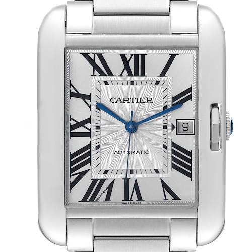 This image shows a close-up front view of the face of a Cartier Tank Anglaise watch, highlighting the Roman numerals, date window, and blue hands.