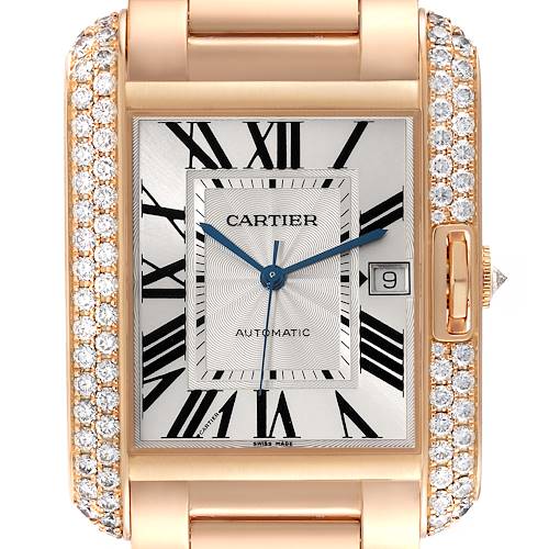 The image shows a frontal view of the Cartier Tank Anglaise watch with a diamond-studded bezel and a rectangular face.