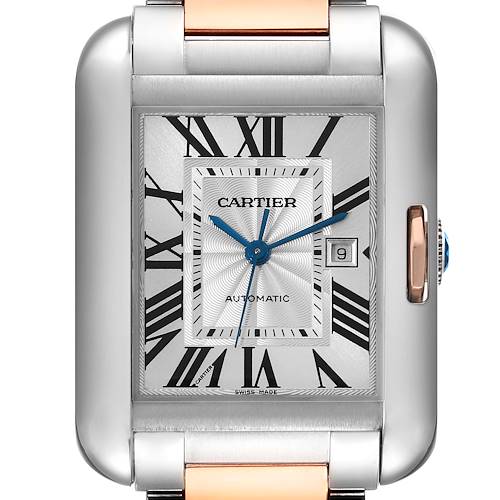 The image shows a close-up of the Cartier Tank Anglaise watch's face, crown, and part of the watch's bracelet.