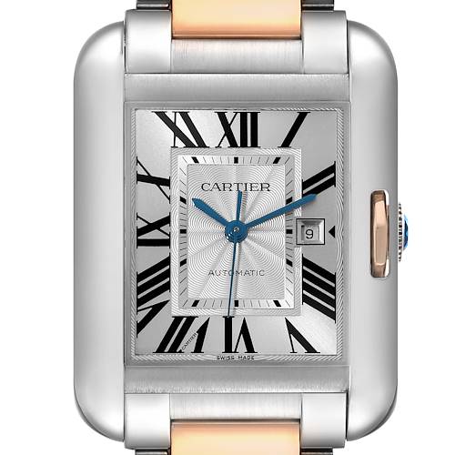 This is a close-up of the dial and case of the Cartier Tank Anglaise watch, showing the time, date, and part of the strap.