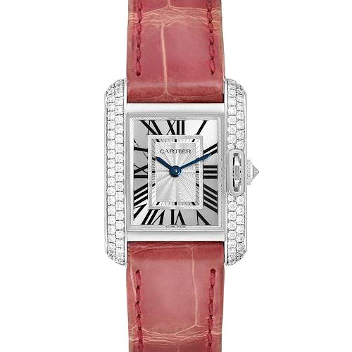 The Cartier Tank Anglaise watch is shown from a top view, highlighting its pink strap, rectangular face, Roman numerals, and diamond-encrusted borders.