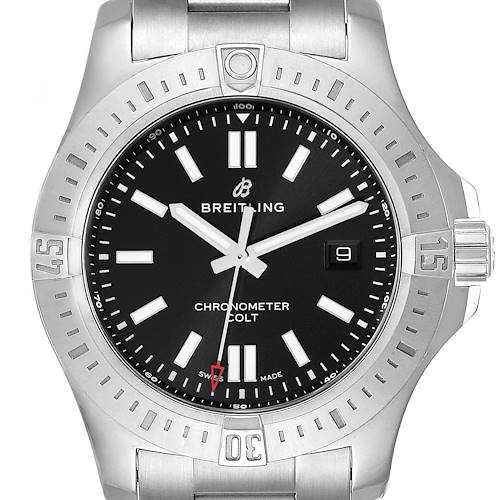 The image shows a direct frontal view of the Breitling Colt watch face, complete with bezel, dial, and part of the bracelet.