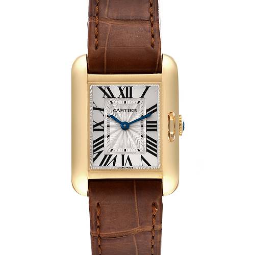 This image shows a Tank Anglaise model by Cartier, featuring a rectangular face, Roman numerals, and a brown leather strap, viewed from the front.